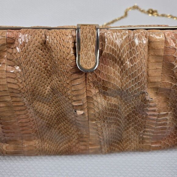 Vintage Snake Skin Leather Clutch Purse Gold Chain Strap - Picture 4 of 8